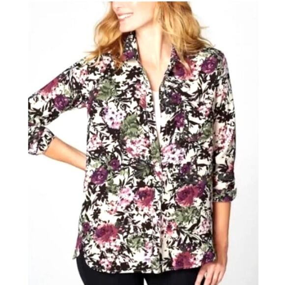 j. Jill Floral Long Sleeve Multicolor Shirt Blouse Sz XL Collared Front Pocket - Picture 2 of 10